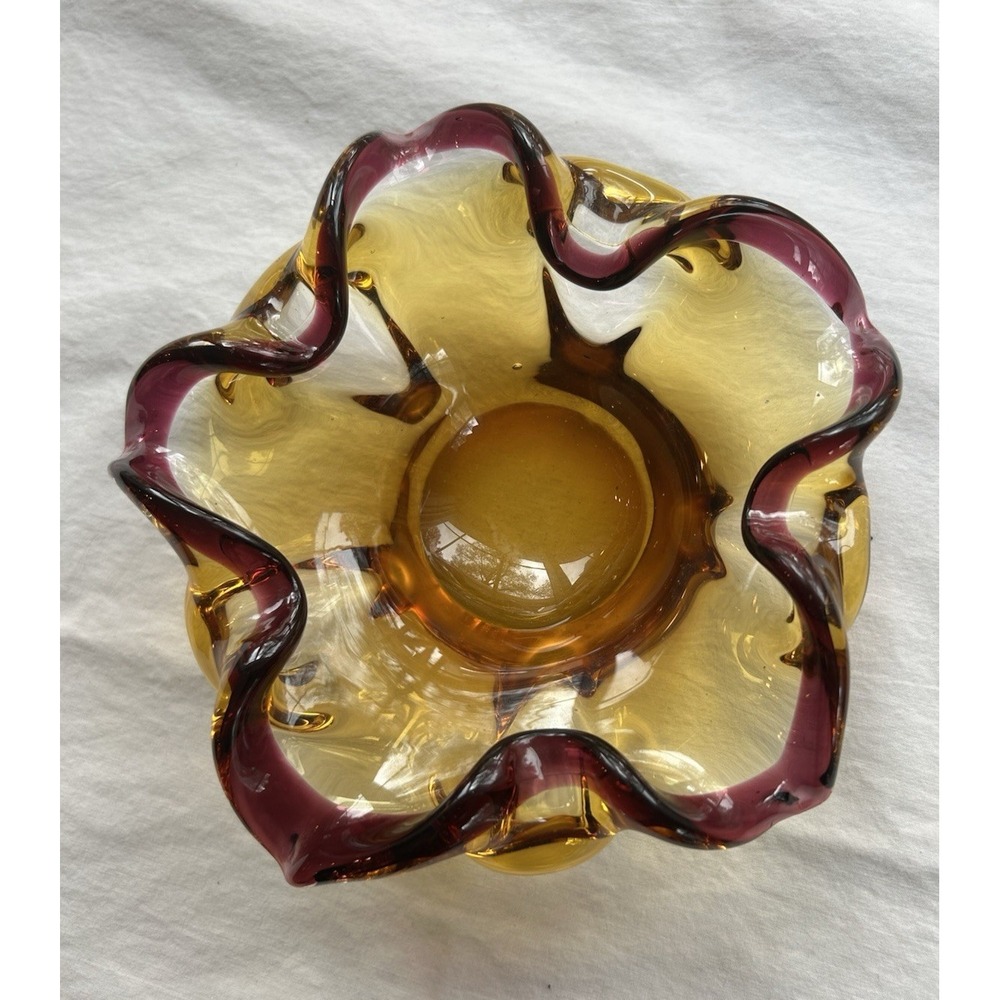 Vintage Murano Sommerso Ruffled Bowl Amber‎ & Lavender Amethyst Italy MCM 6"